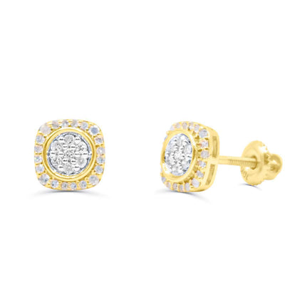 Square Shape Rounded Center Diamond Cluster Stud Earring (0.25CT) in 10K Gold (Yellow or White)