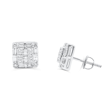 Square Shaped Stylish Illusion Diamond Cluster Stud Earring (0.75CT) in 10K Gold (Yellow or White)