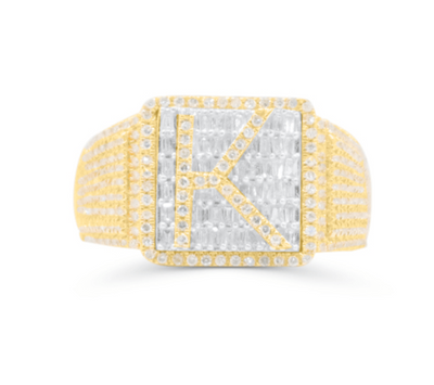 K Letter Baguette Diamond Cluster Men's Ring (0.87CT) in 10K Gold - Size 7 to 12