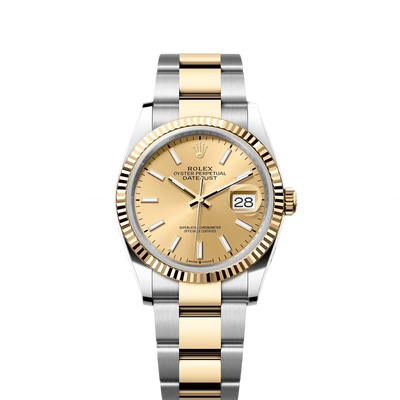 Rolex Datejust 36mm 2 Tone 18k Yellow Gold & Stainless Steel Champagne Dial Fluted Bezel Oyster Watch 126233