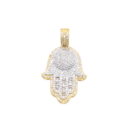 Hamsa Hand Round Centered Baguette Diamond Pendant (1.25CT) in 10K Gold