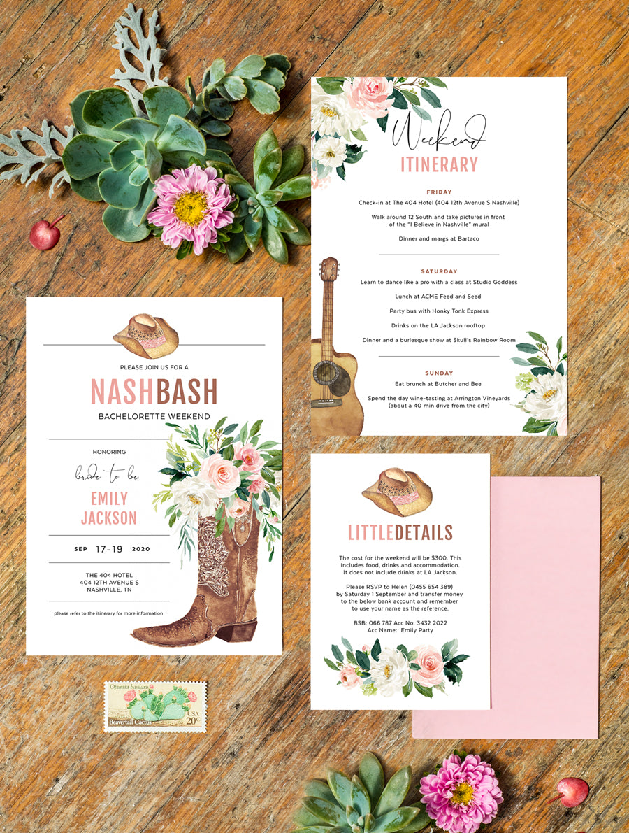 Nashville Bachelorette Invitation Pink #NASH01 - 3 Eggs Design