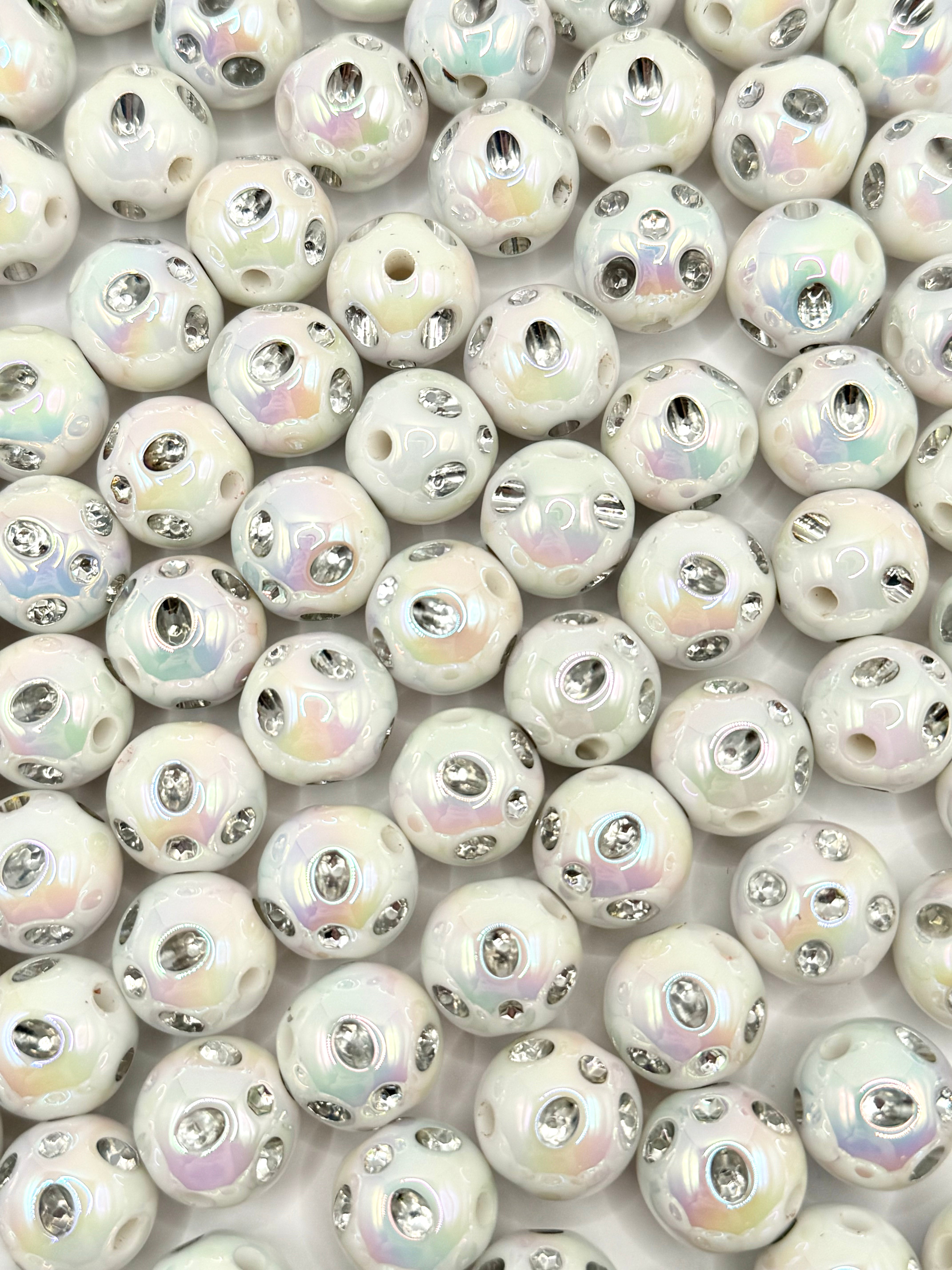 15mm White Iridescent Rhinestone Bead