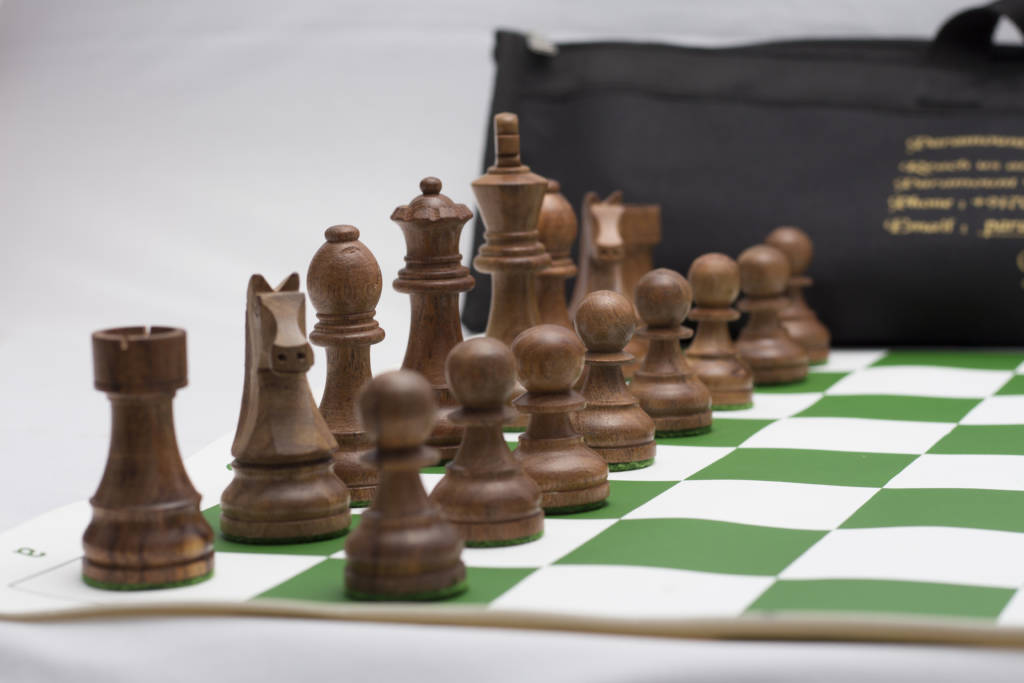 A board showcasing the different pieces in the Game of Chess.