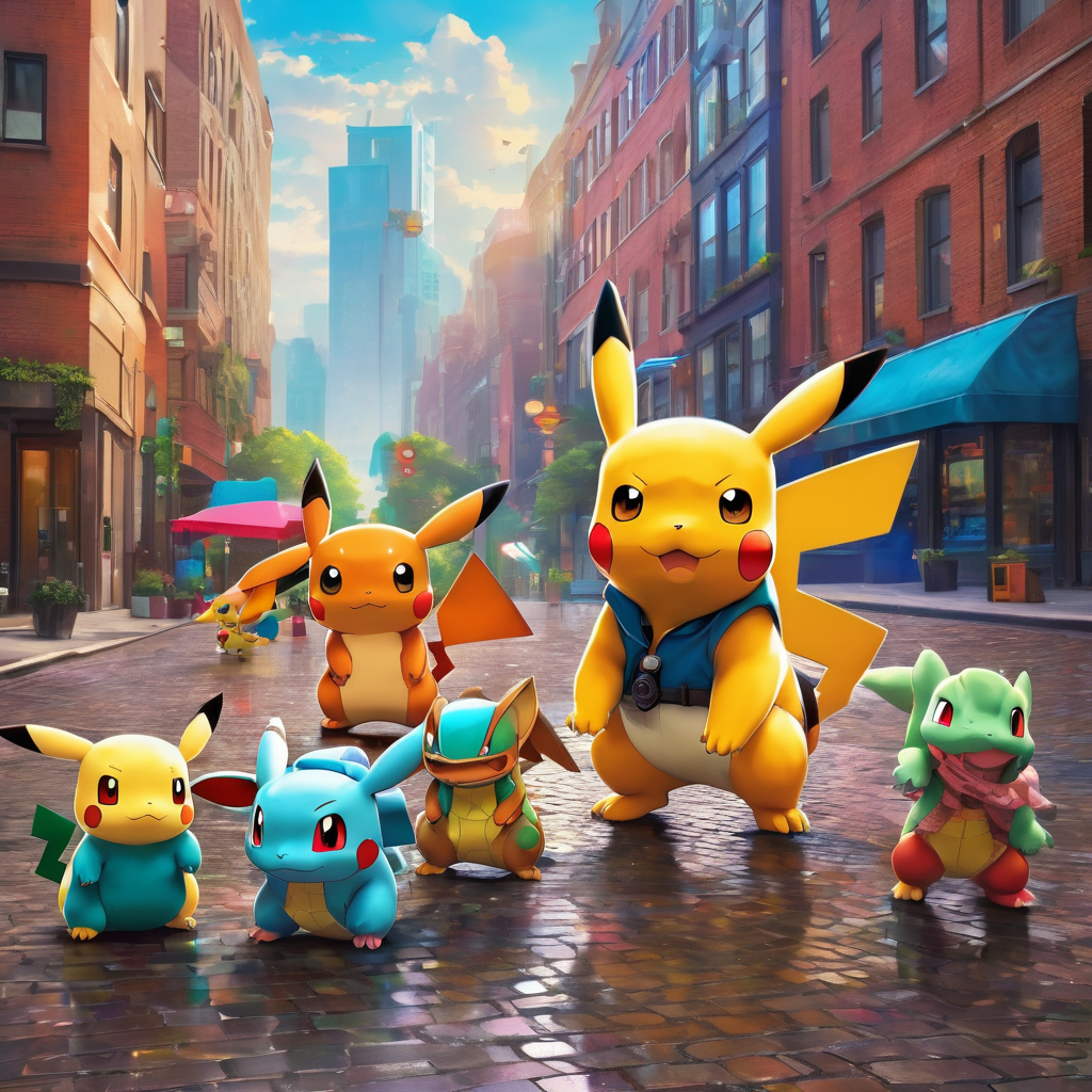 Pikachu, Charizard, Bulbasaur, Squirtle, and Eevee - dressed in modern streetwear posed confidently against a (city street with cobblestones), blending timeless aesthetics with contemporary style