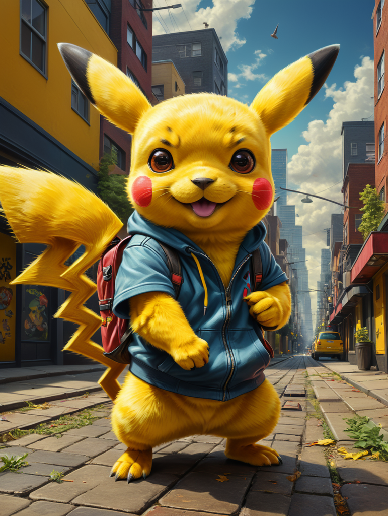 Pokemon wear urban clothes over a plain yellow background.