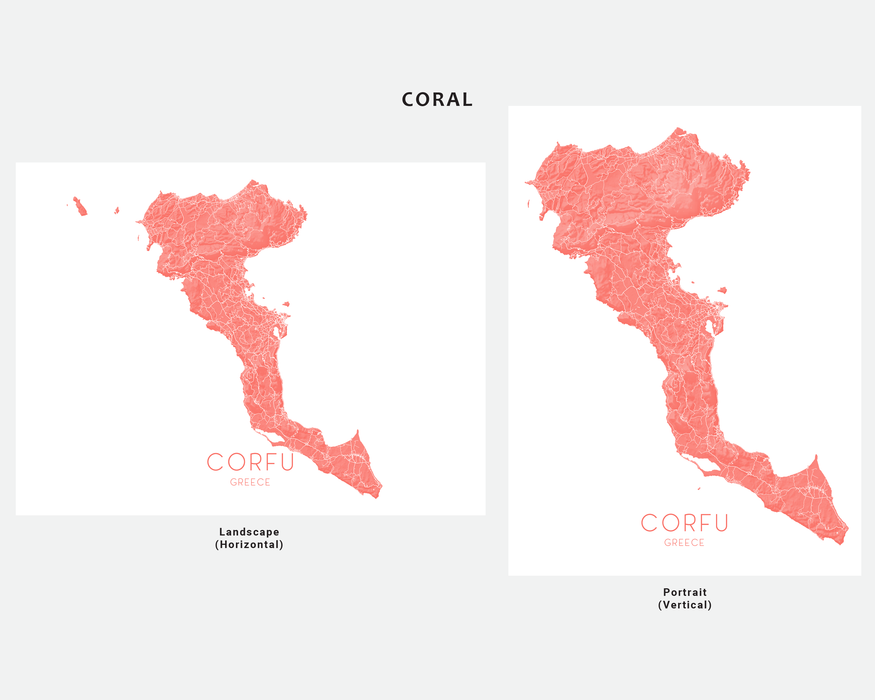 Corfu, Greece map print in Coral by Maps As Art.