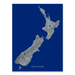 New Zealand map print with natural landscape in greyscale and a navy blue background designed by Maps As Art.