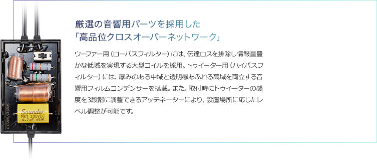 厳選の音響用パーツを採用した「高品位クロスオーバーネットワーク」。TS-C1730SII/C1630SII。ウーファー用（ローパスフィルター）には、伝達ロスを排除し情報量豊かな低域を実現する大型コイルを採用。トゥイーター用（ハイパスフィルター）には、厚みのある中域と透明感あふれる高域を両立する音響用フィルムコンデンサーを搭載。また、取付時にトゥイーターの感度を3段階に調整できるアッテネーターにより、設置場所に応じたレベル調整が可能です。