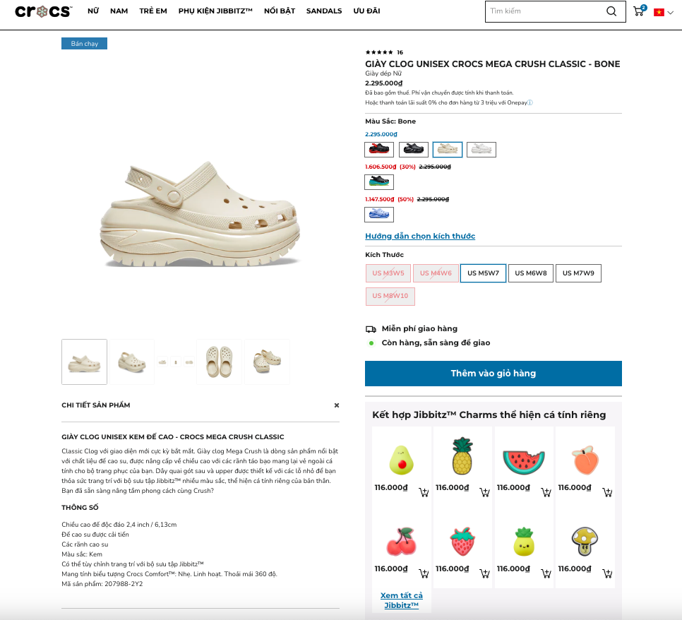 Jibbitz suggestion feature on product pages of Crocs