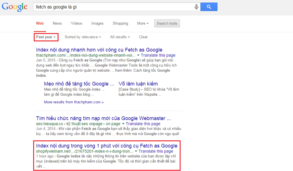 Tuy nhiên, khi lựa chọn hiển thị các kết quả trong vòng 1 năm vừa qua thì bài viết vừa hoàn thành đứng vị trí số 3, nghĩa là đã hoàn thành mục tiêu xuất hiện trên hệ thống tìm kiếm của Google để bảo vệ nội dung bài viết trên website của bạn.