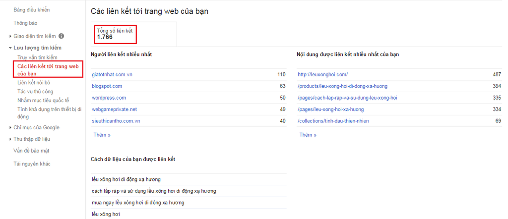 Mục Các liên kết tới trang web của bạn sẽ cho bạn biết bạn có bao nhiêu liên kết, hay backlinks từ bên ngoài đổ về.