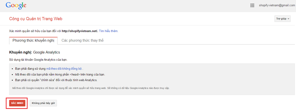 Tại cửa sổ mới, bạn sẽ được xác minh quyền sở hữu đối với website của mình nếu tài khoản của bạn đã đăng ký Google Analytics 