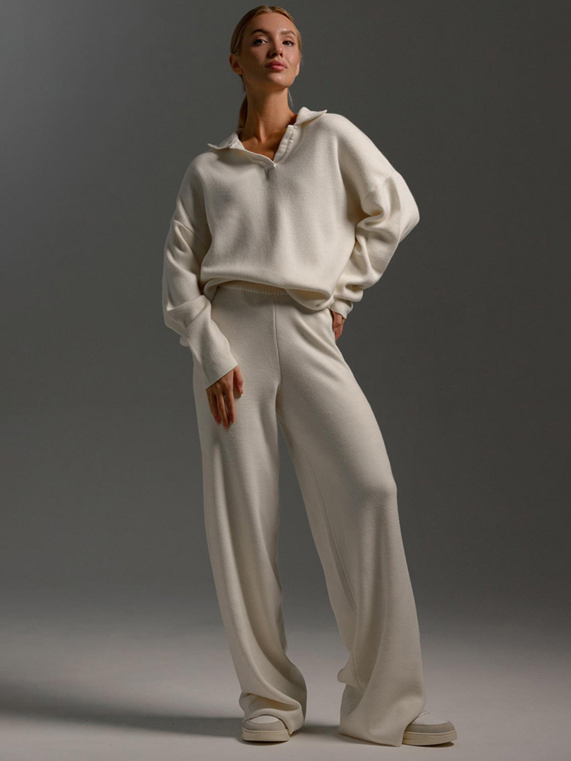 Women Sweater Set Johnny Collar Long Sleeve Knit Acrylic Top and Pants 2 Pcs - Picture 23 of 28