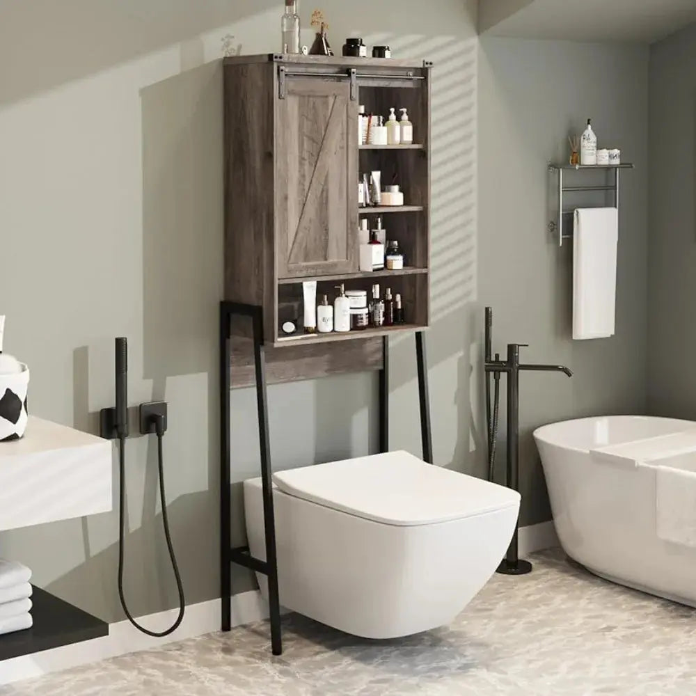 Farmhouse Over Toilet Bathroom Organizer with Sliding Barn Door, Storage Rack,Grey