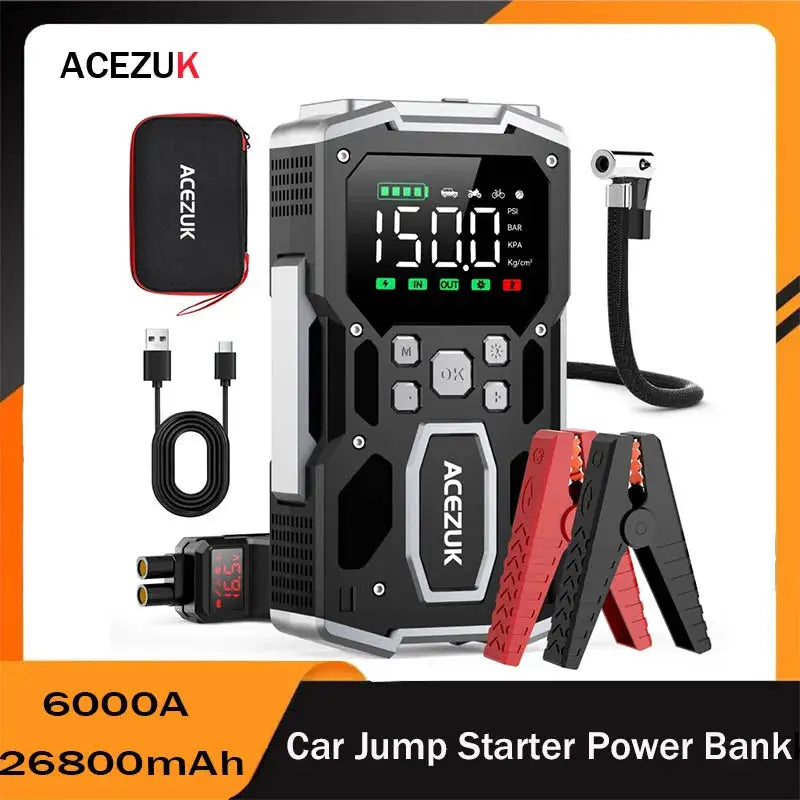 Car Jump Starter Emergency Air Pump 150PSI Air Compressor 26800mAh Peak Current 6000A Starter Device Tire Inflator