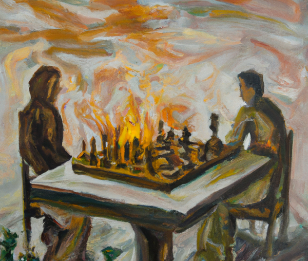 oil painting of two figures engaged in a chess match