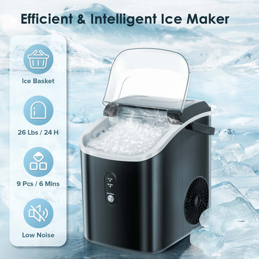 Auseo Portable Ice Maker Countertop, 9Pcs/8Mins, 26lbs/24H, Self-Cleaning  Ice Machine with Handle for Kitchen/Office/Bar/Party(Black)