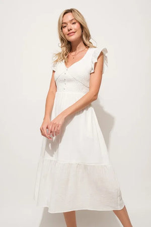 And The Why Ruffle Sleeve Front Smocked Tiered Midi Dress - Boho Soho