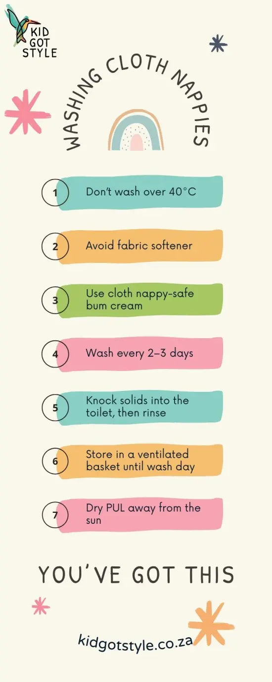 An infographic with tips on washing cloth nappies