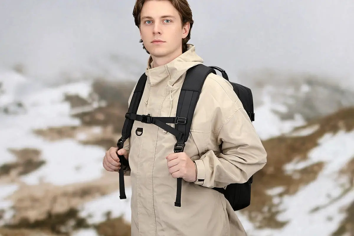 Adjustable padded shoulder and chest straps on WITZMAN 35L carry on backpack