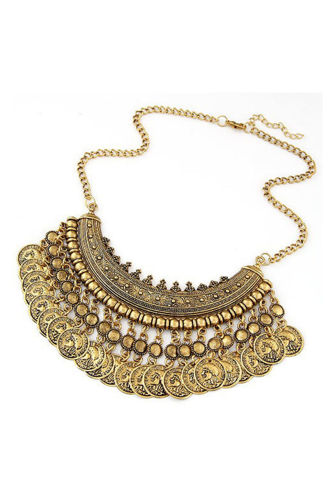 Bohemian Style Coin Necklace In Antique Gold Finish Traits