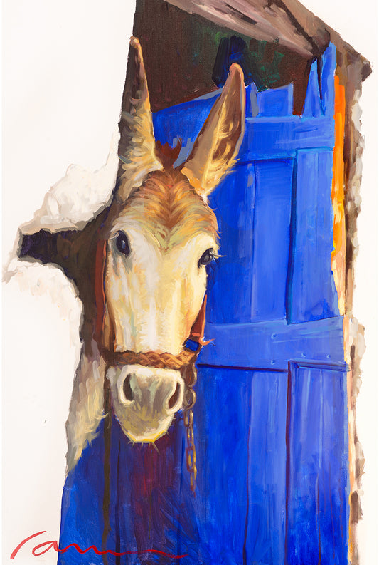 Blue Donkey Door-Arizona Donkey Paintings on Canvas- Donkey Wall Art –  Miguel Camarena Art Gallery