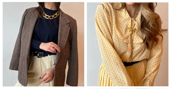 Two styled outfits featuring vintage clothing and accessories