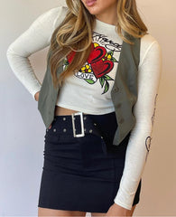 Ed Hardy Long Sleeve Shirt with Green Vest and Black Skirt