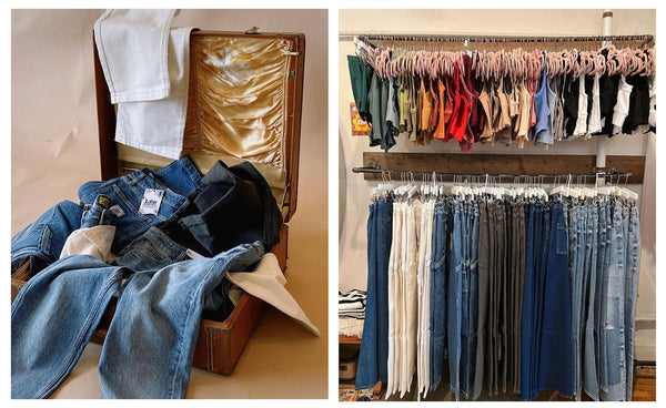 2 photos - One of a pile of jeans and one of a rack of jeans
