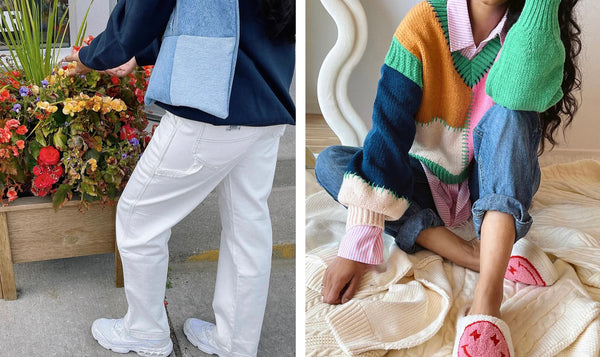 2 photos - One styled outfit with white denim and one styled outfit colorblock sweater