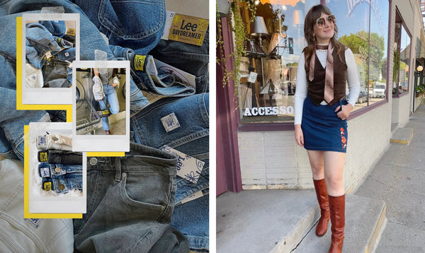 2 photos - One is a collage of denim pics and one is a styled outfit with denim skirt