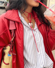 Outfit with Red Jacket and Striped Button Down