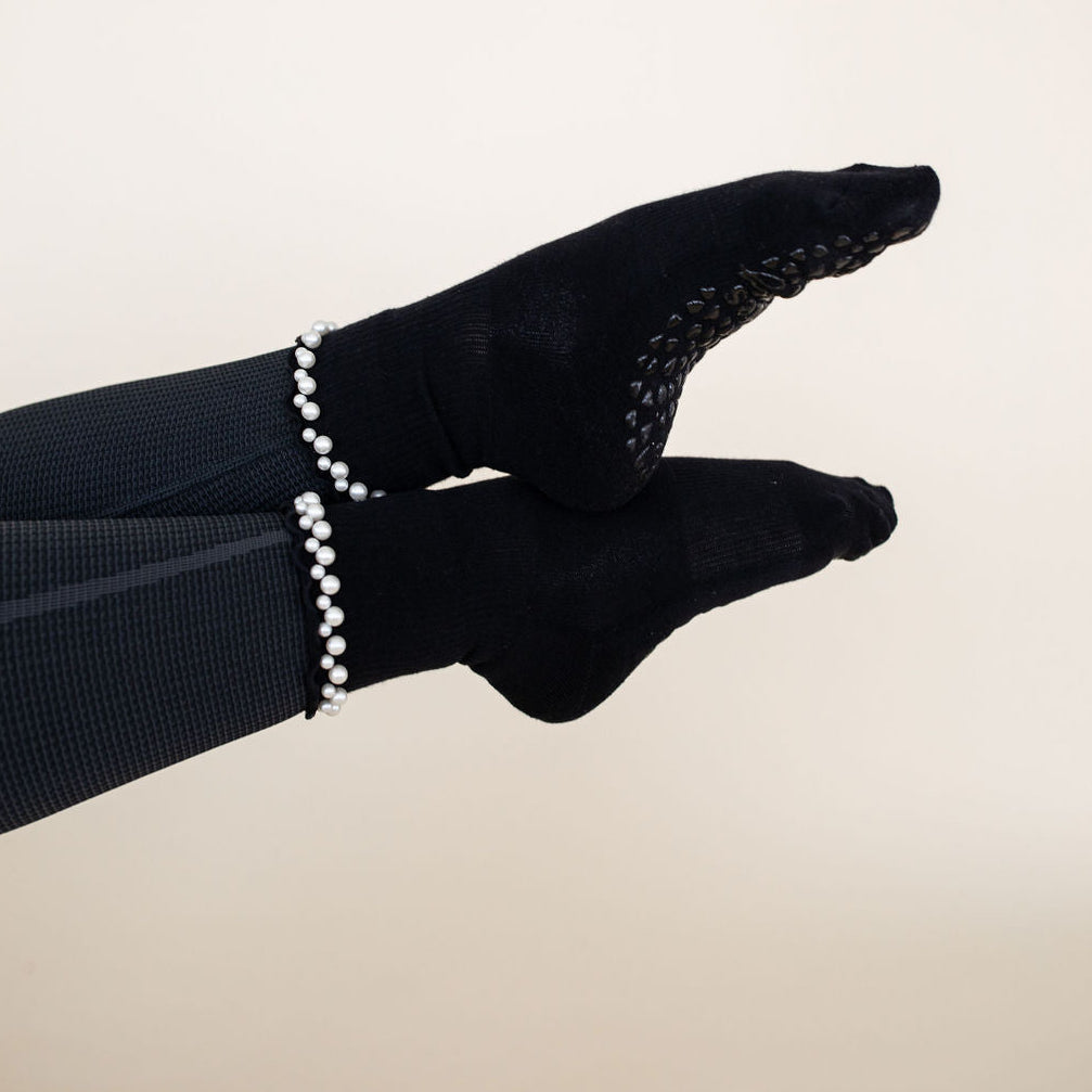 Pretty In Pearls - Black - Crew Grip Sock (Barre / Pilates)