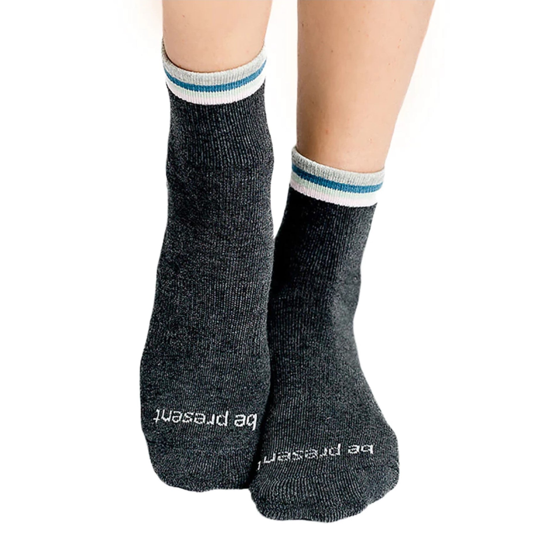 Be Present - Charcoal Heather Short Crew Grip Socks (Barre / Pilates)