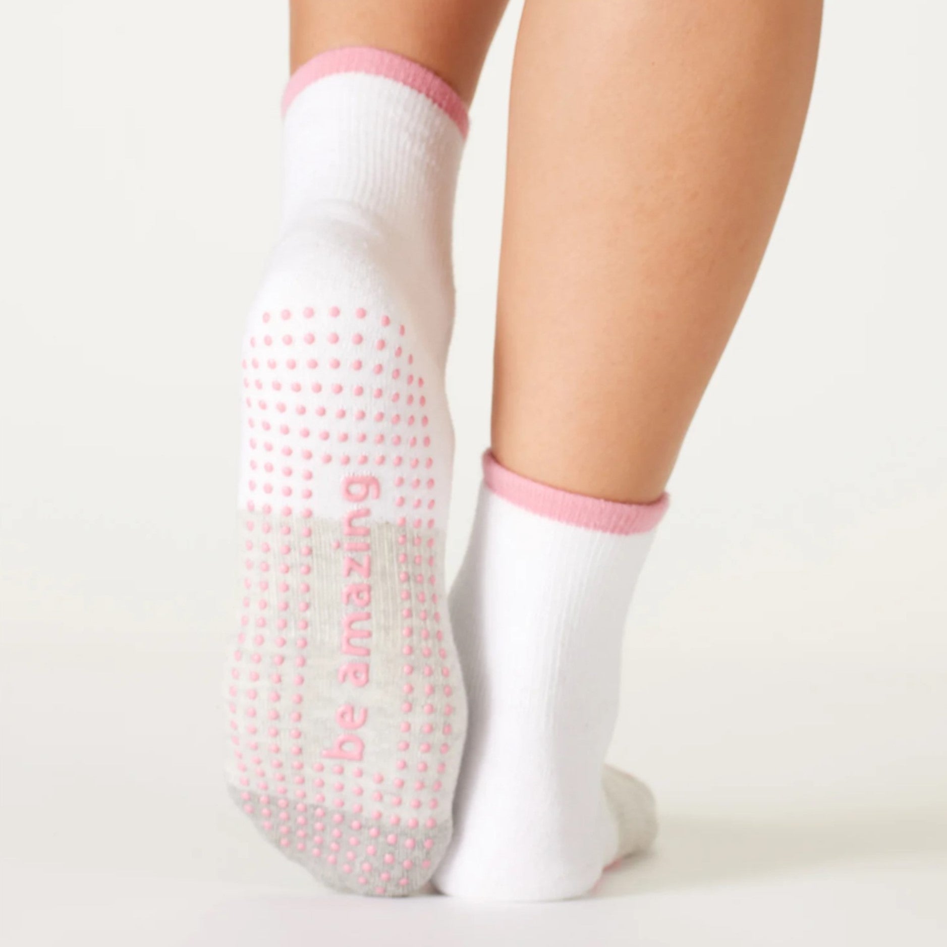 Be Amazing -  White Flamingo Short Crew Grip Socks (Barre / Pilates)