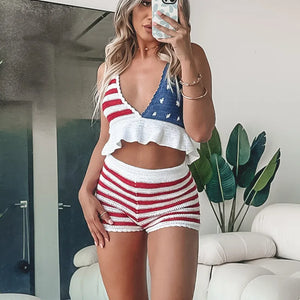 American Flag Knit Halter Crop Top And Shorts Set - JeeBas