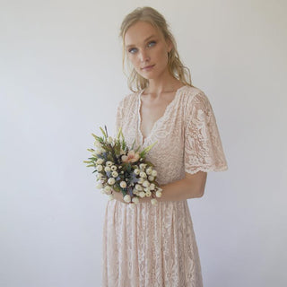 Boho Pink Blush Lace Wrap Dress ,pastel Wedding Dress 1124 