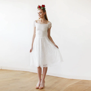Short wedding dress ,Ivory Off-the-Shoulders Midi Dress #1153