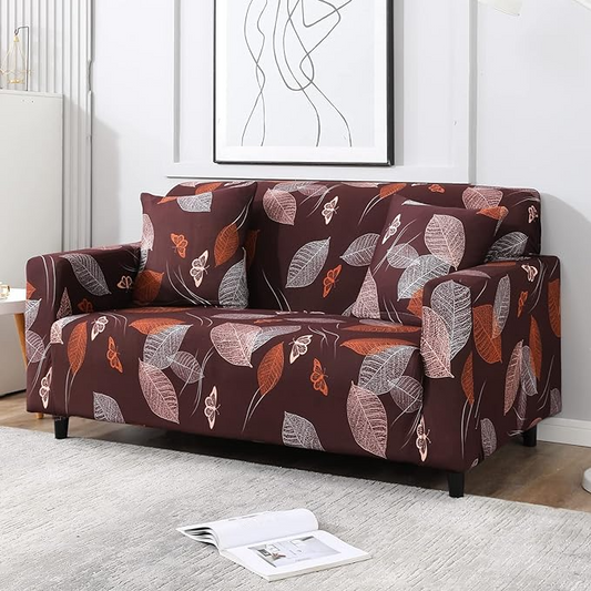 Trendily Elastic Universal Stretchable Sofa Cover Brick Brown Botanical (SC-035)