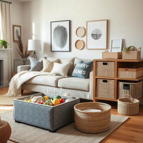 Minimalist living room with wooden storage trunk coffee table