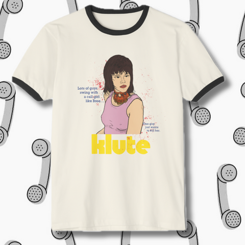 Ringer T Shirt with illustration of Jane Fonda as Bree Daniels in the cult film Klute