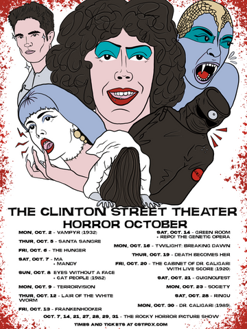Custom illustrated poster for Portland, Oregon's Clinton Street Theater promoting their Horror October Film Series. Illustrated by Lowbrow Antics, it features main characters from popular films such as Dr Frank N Furter from the Rocky Horror Picture Show, Edward from Twilight, and a Repo Man from Repo the Genetic Opera.