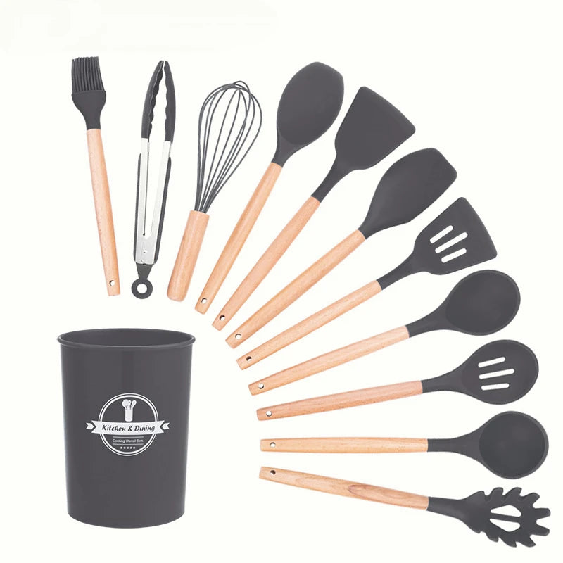 Silicone Kitchen Utensils Set Non-Stick Cookware for Kitchen Wooden Handle Spatula Egg Beaters Kitchenware Kitchen Accessories
