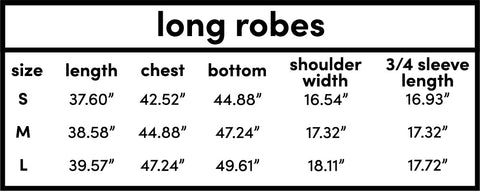 Long Robes Sizing Chart