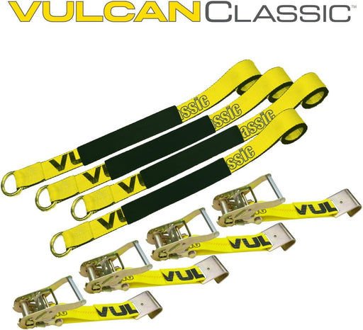 Vulcan Axle Tie Down Combo Strap with Snap Hook Ratchet - 2 inch x 114 inch - 4 Pack - Classic Yellow - 3,300 Pound Safe Working Load