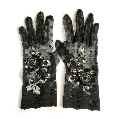 guantes de encaje negro con lentejuelas y cuentas