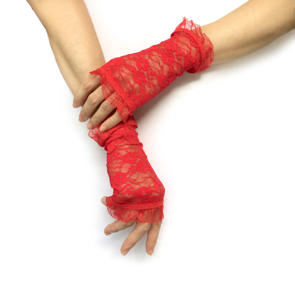 red lace fingerless gloves
