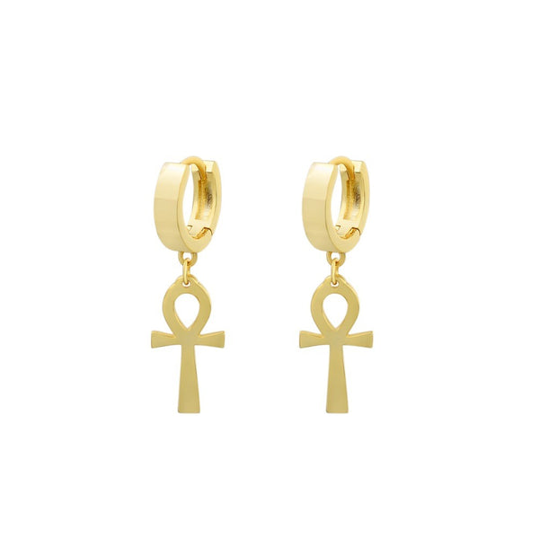 14K Yellow Gold Hoop Dropping Ankh Cross Earrings