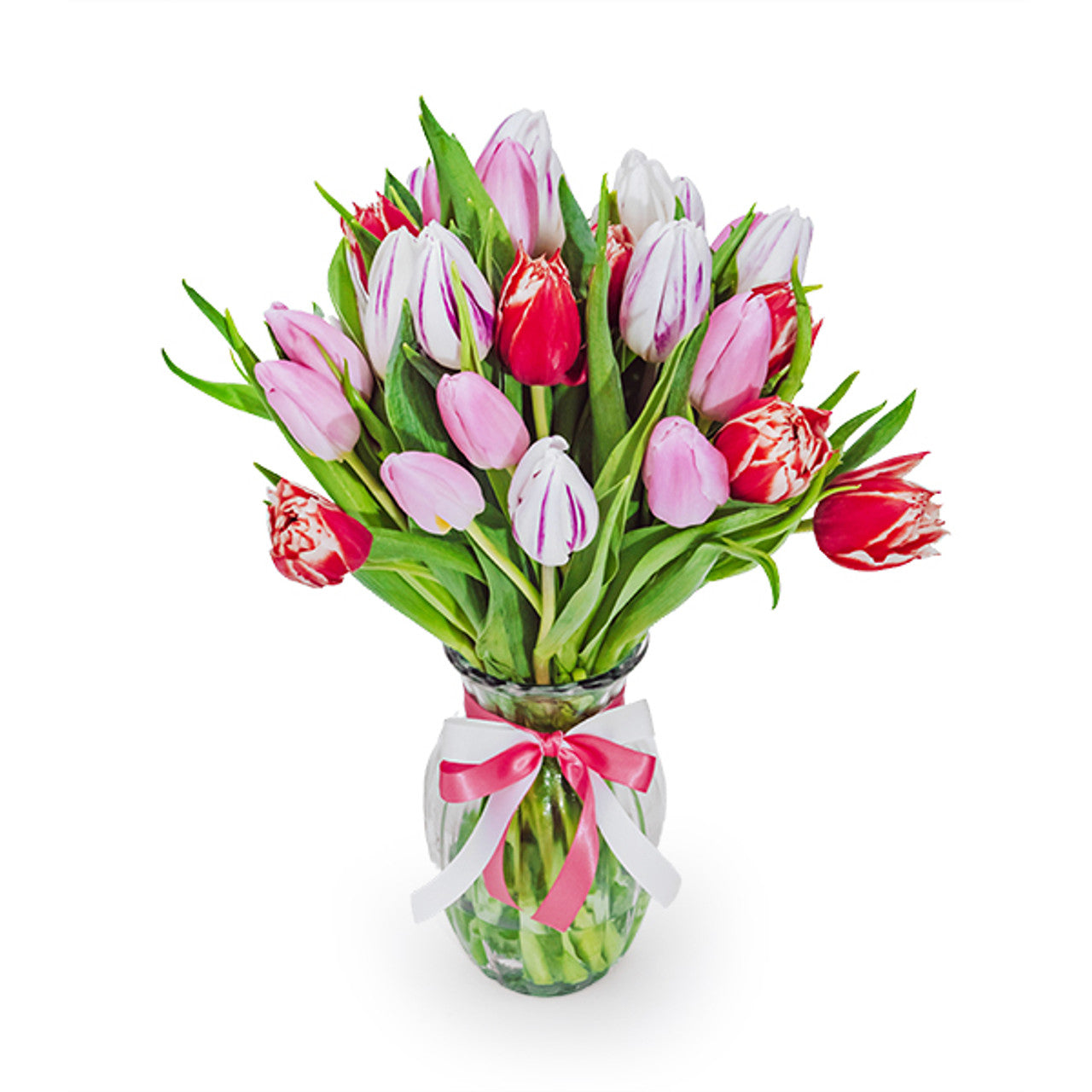 A bouquet of tulips in a glass vase